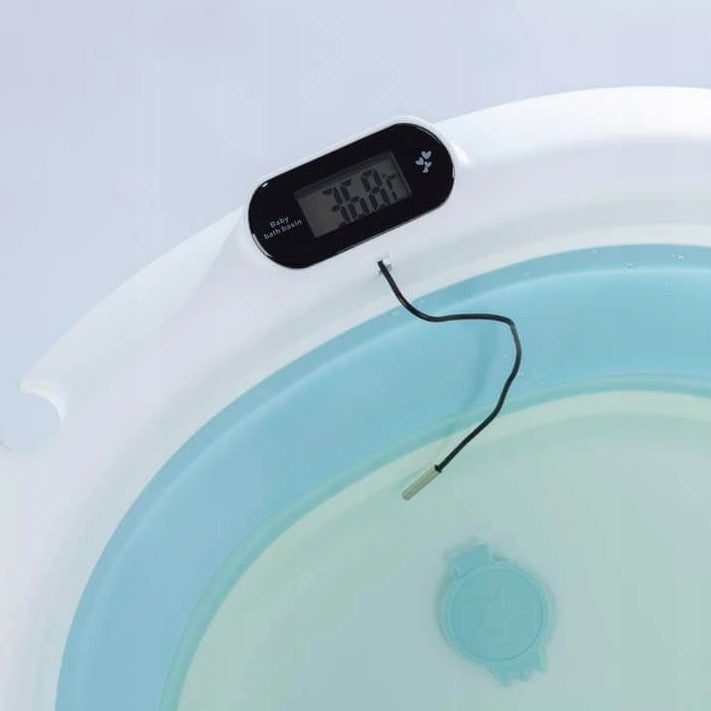 TO-MA: Összehajtogató kád hőmérővel és párnás fürdőszürke