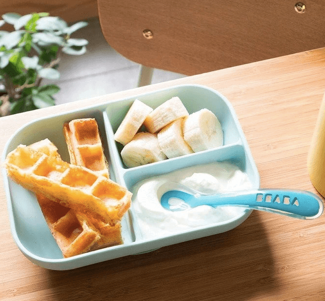 Béaba: silicone tripartite plate with suction cup and spoon