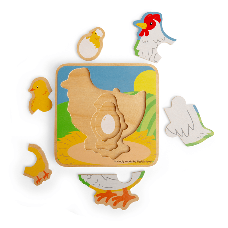 Bigjigs Toys: дървен пъзел с кокошка от жизнен цикъл