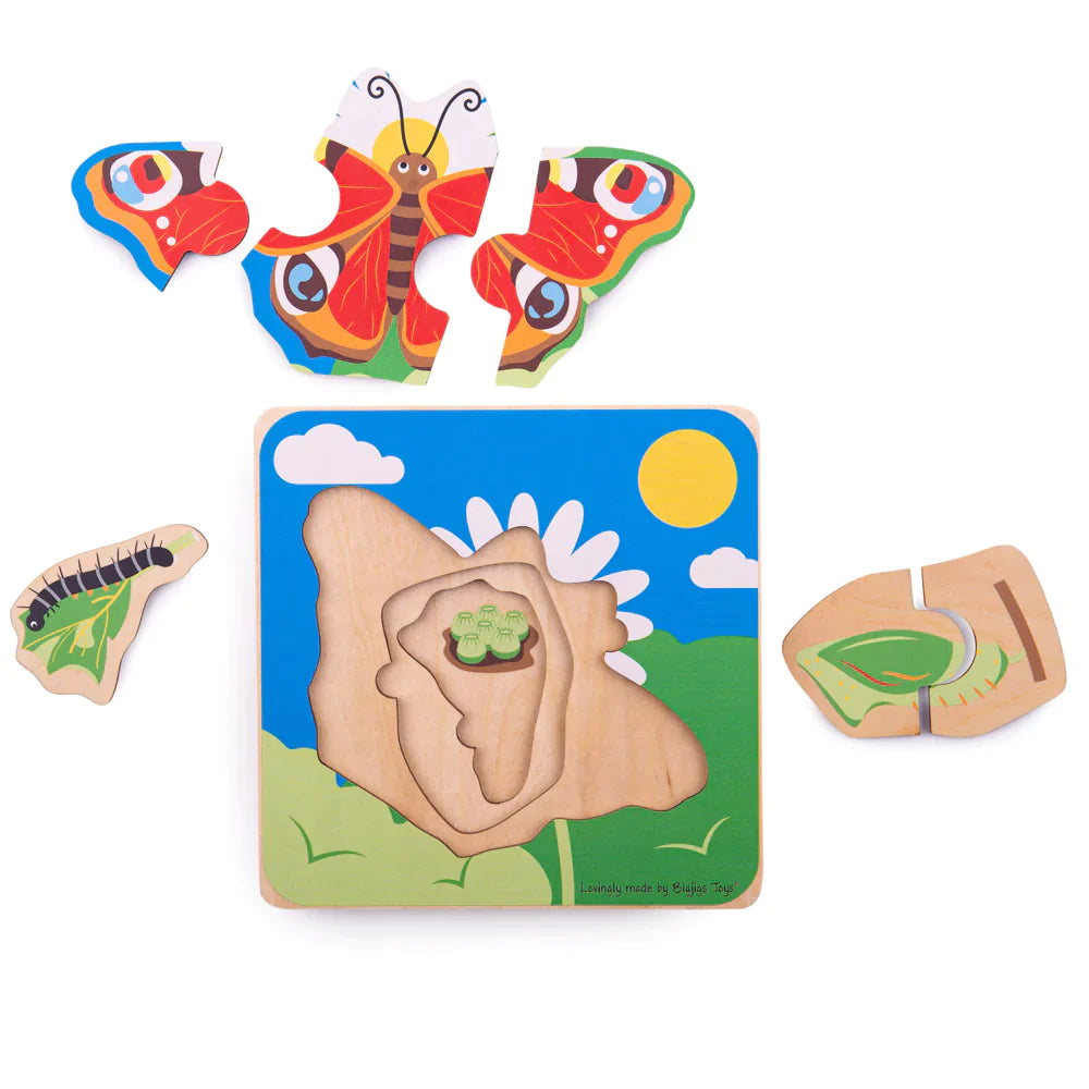 Bigjigs Toys: дървен слой пеперуда Слой пъзел жизнен цикъл