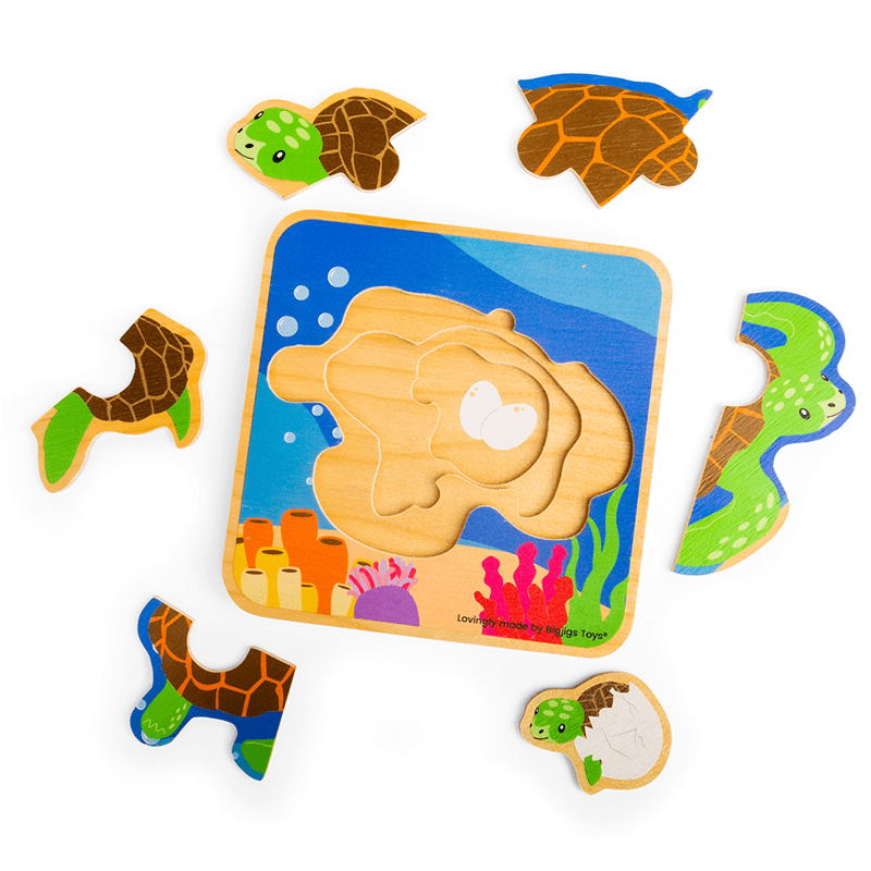 Bigjigs Toys: дървен многослоен пъзел морска костенурка Пъзел жизнен цикъл