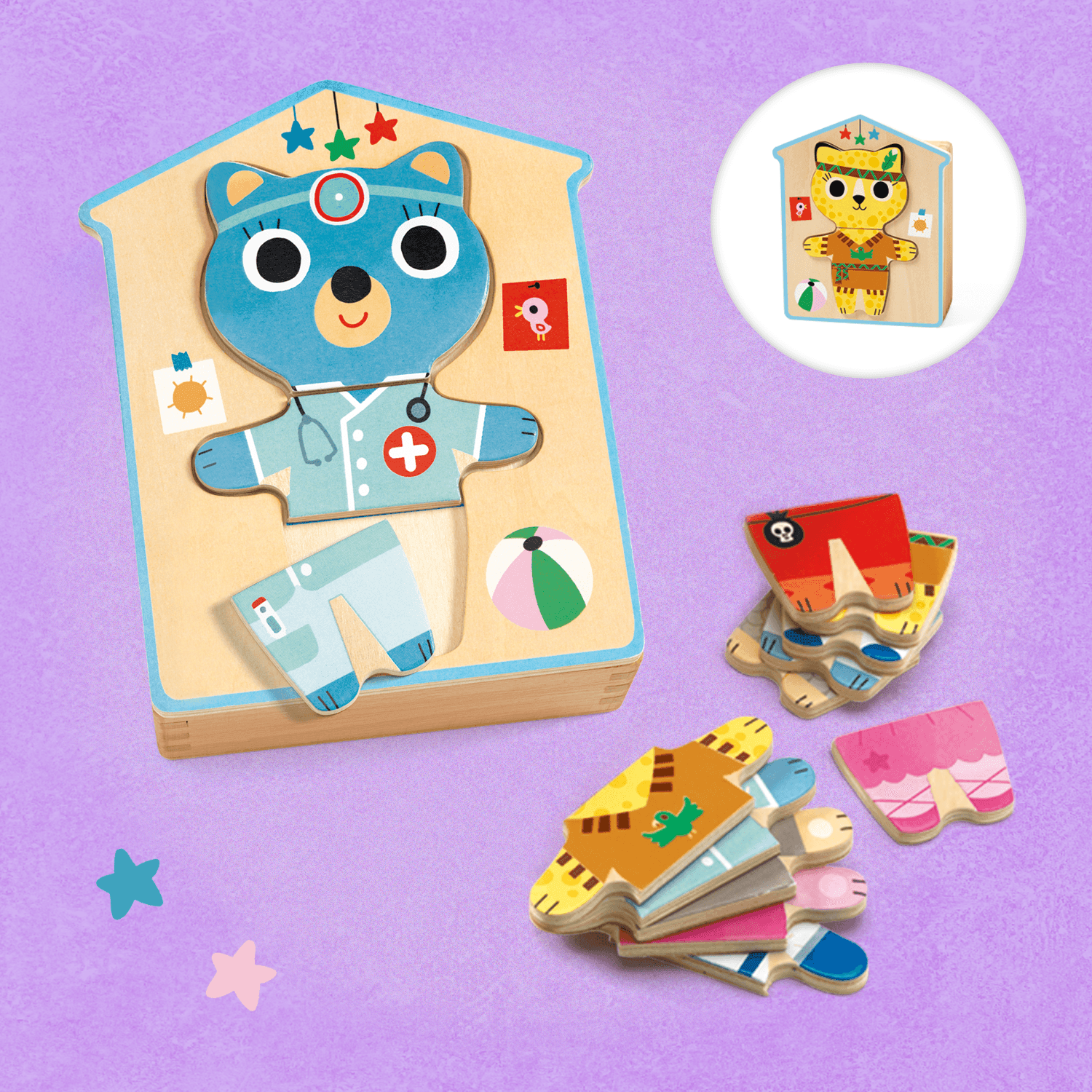 Djeco: wooden puzzle Cats Dressup Mix - Kidealo