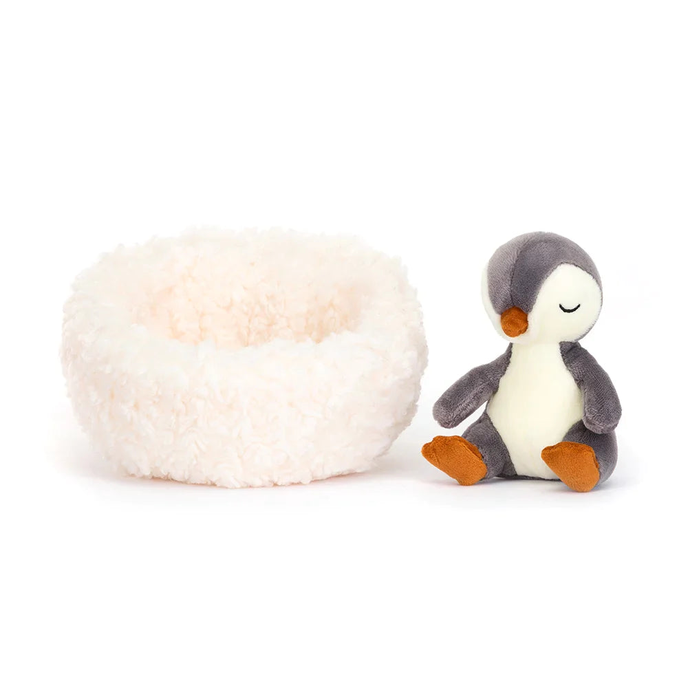 Jellycat: pingouin endormi câlin dans un pingouin d'hibernation de nid 13 cm