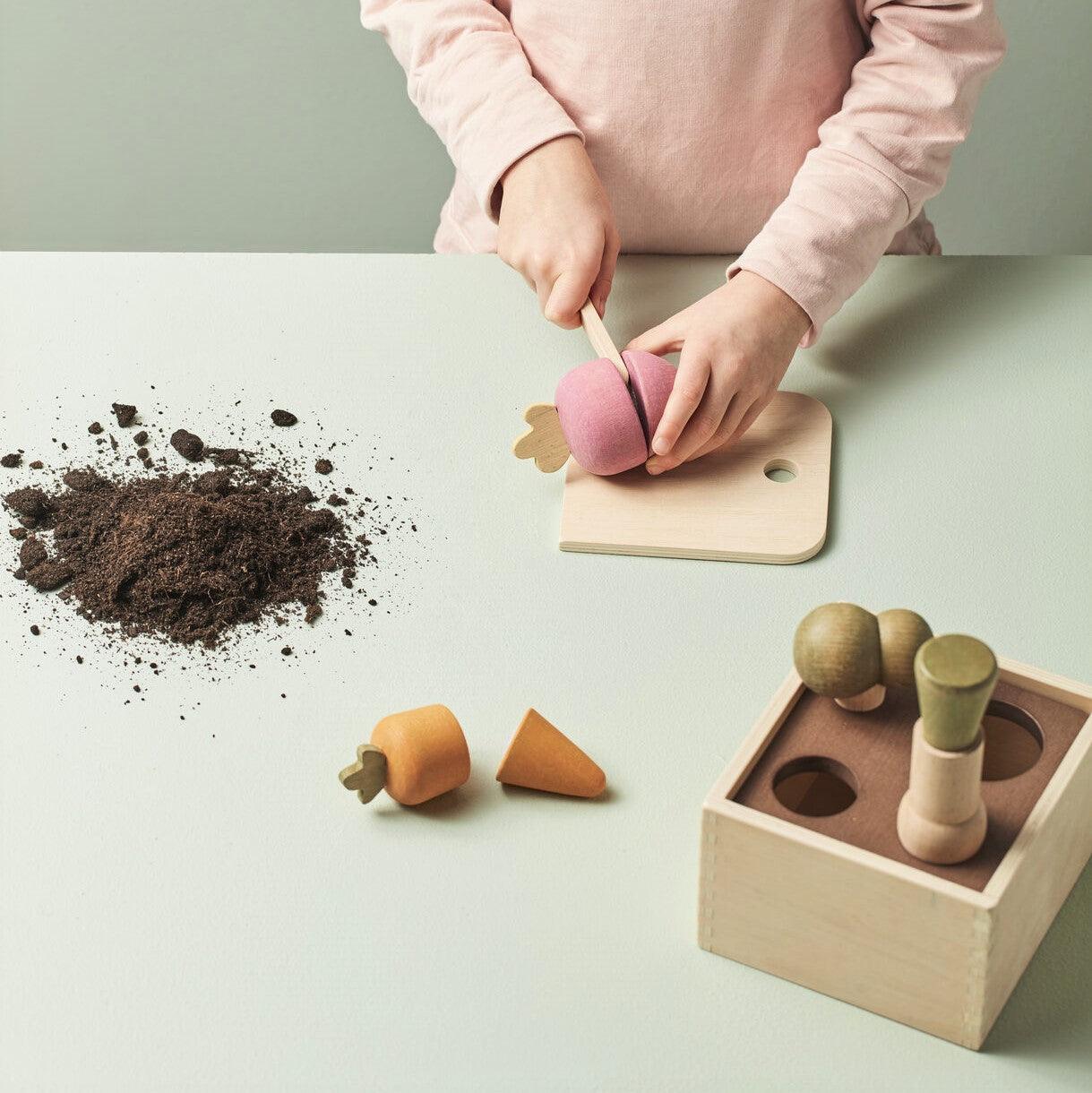 Vaikų koncepcija: medinis daržovių rūšiavimo augalų dėžutės restoranėlis