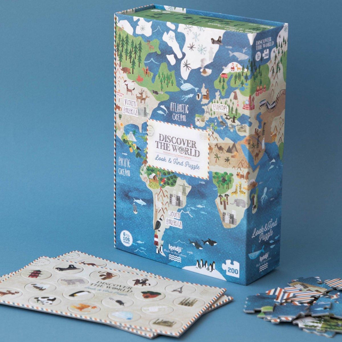 Londji: Observation puzzle with map Discover the World 200 el. - Kidealo