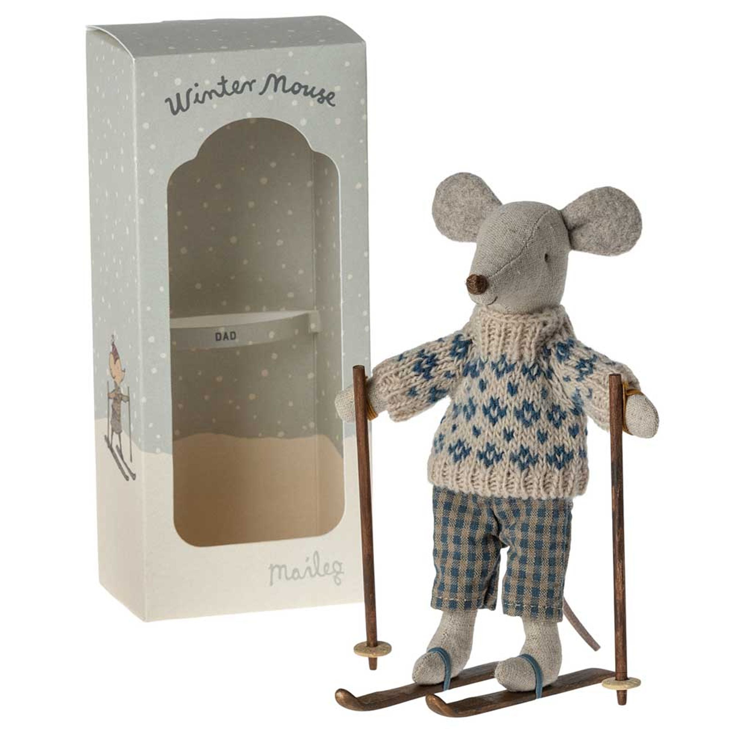 Maileg: Mouse no estilo de inverno com pai de esqui 15 cm