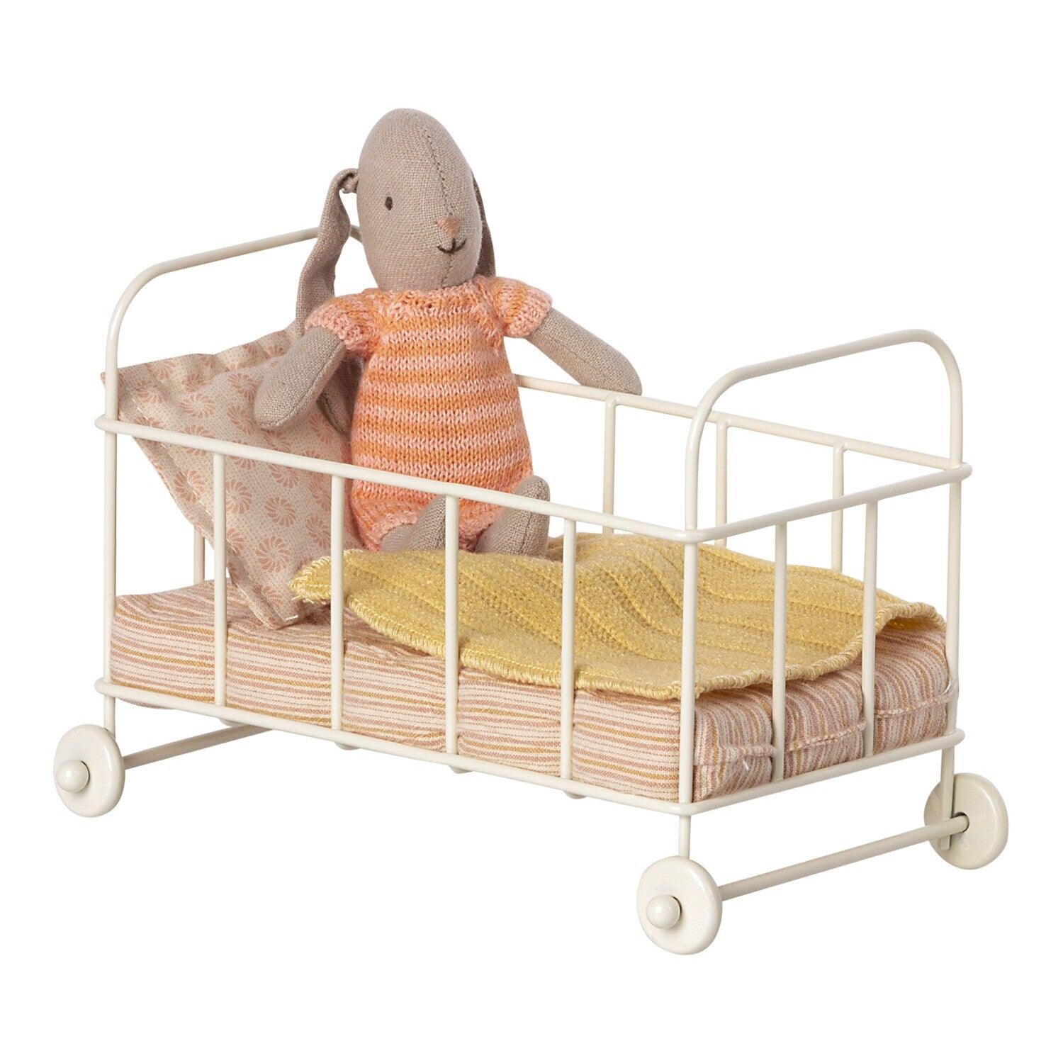 Maileg: Metal Crib on Wheels Baby Cot Micro Rose
