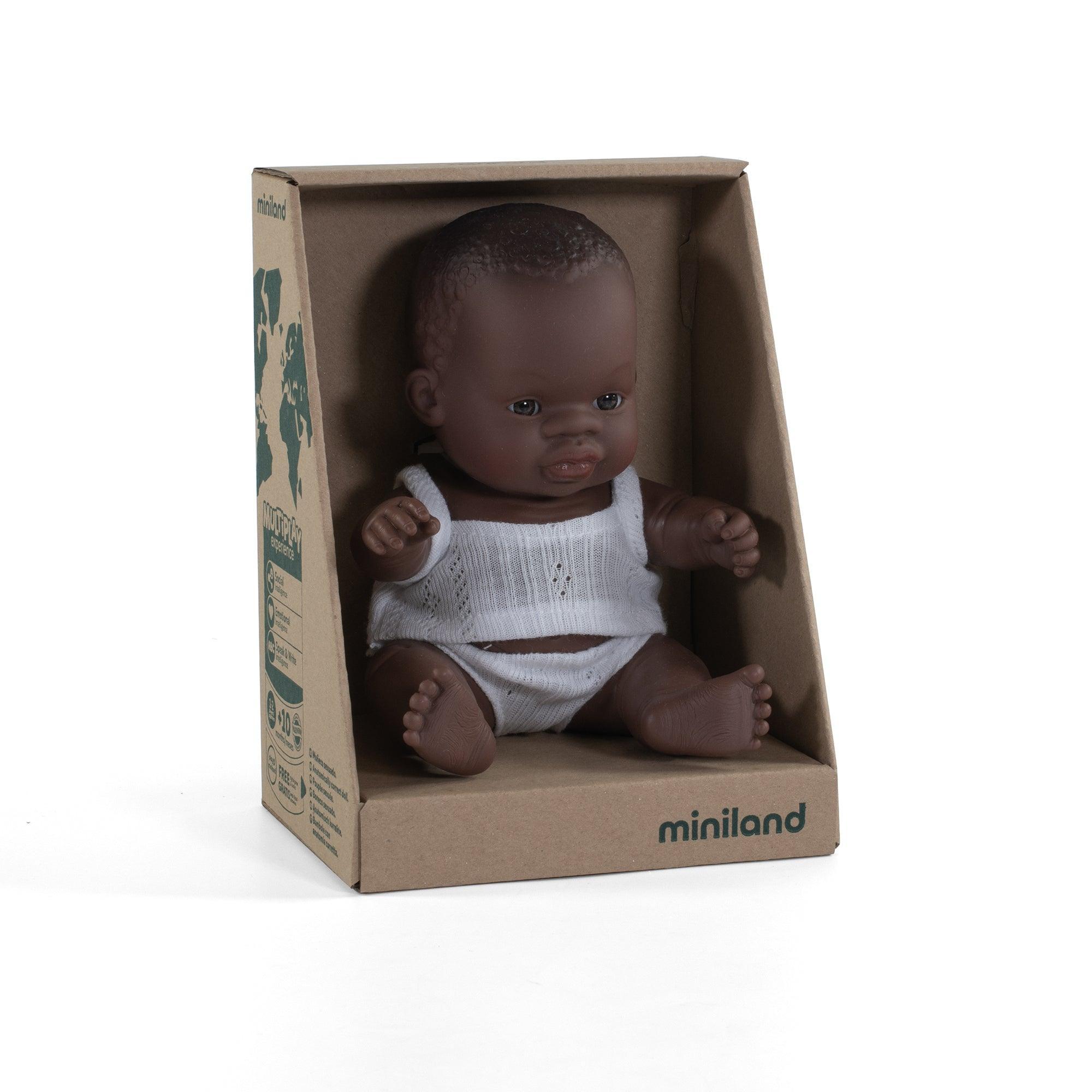 Miniland: mini baby girl doll African 21 cm - Kidealo