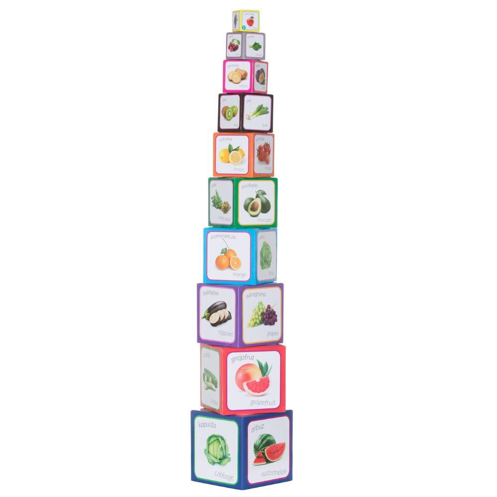 Piramida Zabaw: kartono bokšto vaisiai ir daržovės
