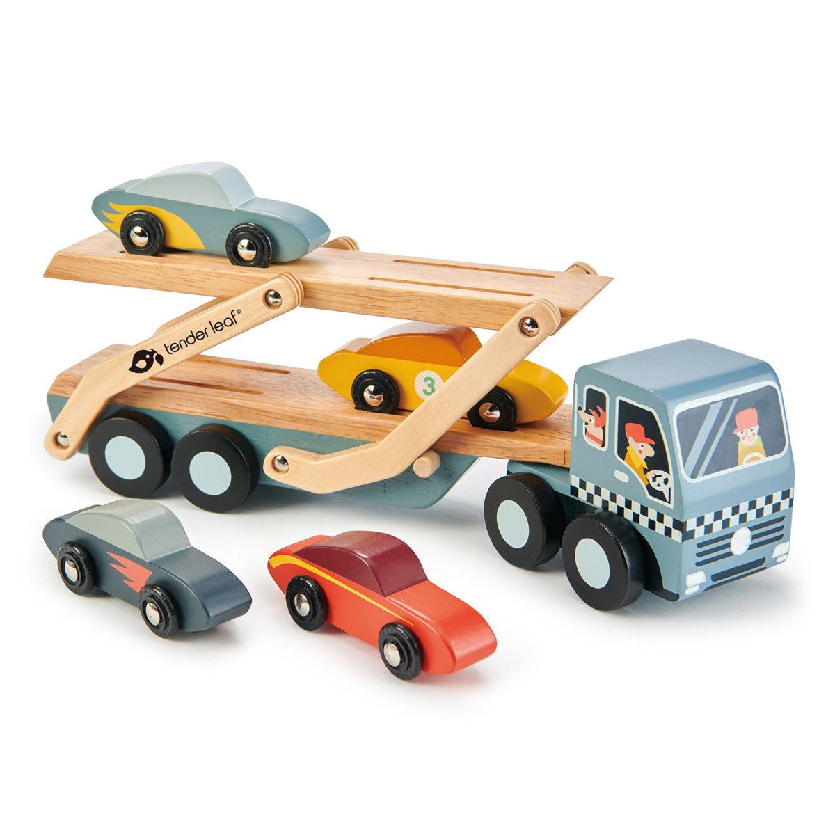 Tender Blattspielzeug: Holzanhänger mit Autoswagen Transporter