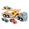 Maigas lapu rotaļlietas: koka piekabe ar automašīnu automašīnas transportētāju