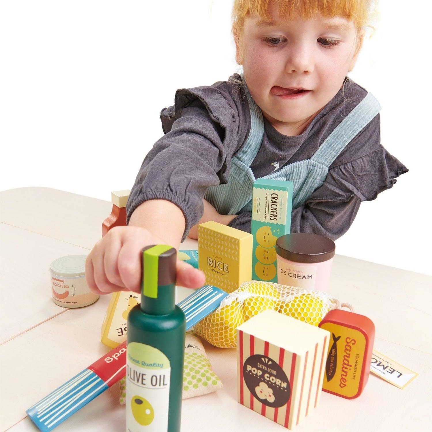 Играчки с нежни листа: дървени хранителни стоки Комплект хранителни стоки за супермаркет