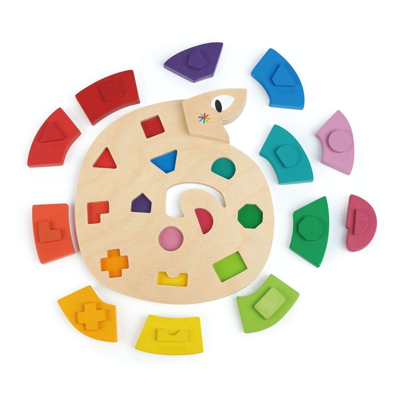 Παιχνίδια τρυφερά φύλλα: Χρωματίστε με χαρούμενα χρώματα φιδιού και σχήματα παζλ