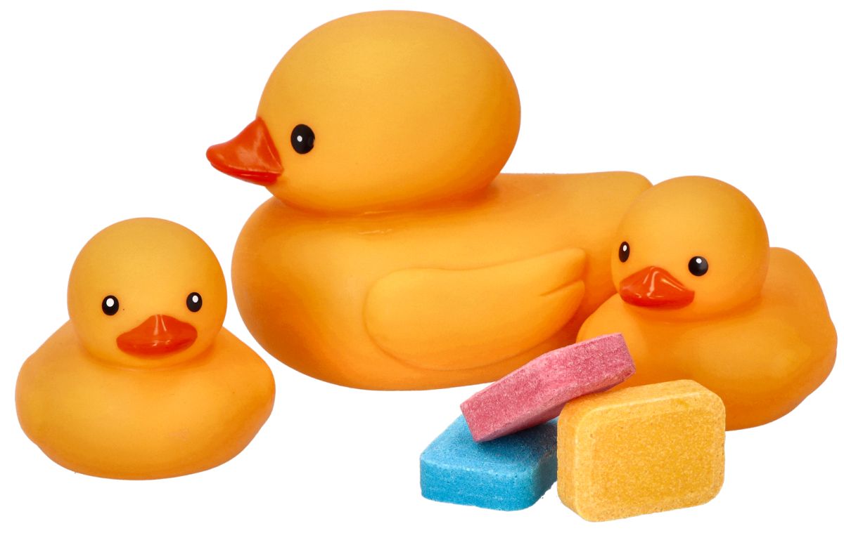 Cuidados da mãe: patos de banho com comprimidos para colorir água