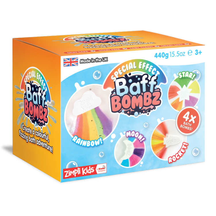 „Zimpli“ vaikai: stebuklingos vonios bombos, kurios keičia vandens vaivorykštės „Baff Bombz 4 PCS“ spalvą.
